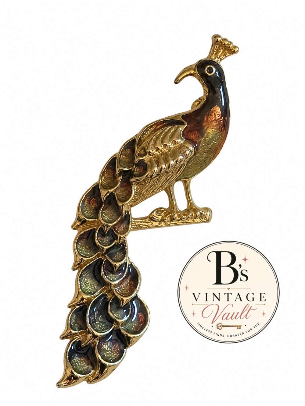 Gold Peacock Bird Brooch - Iridescent Green Accents